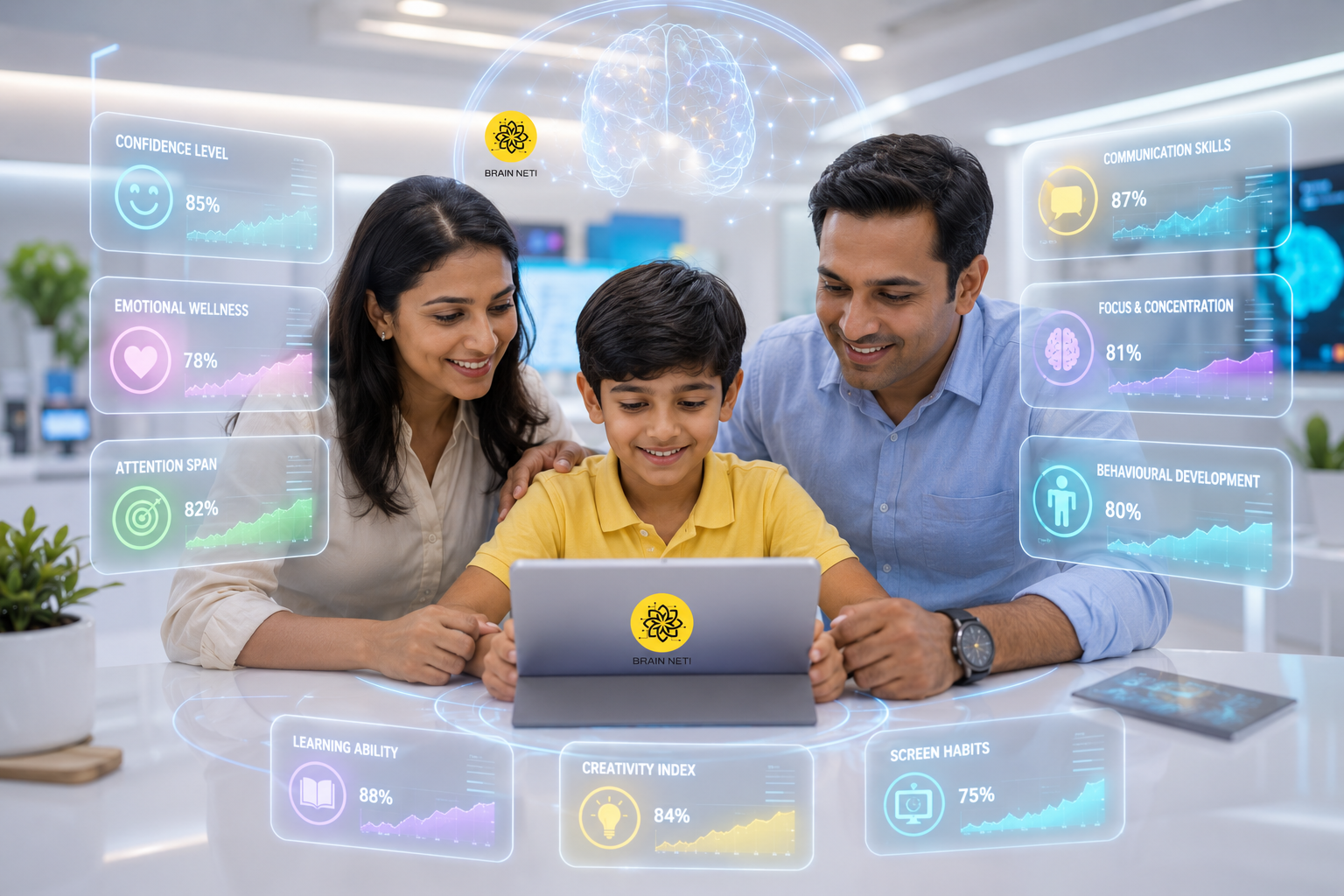 A family reviewing their child's neuroscience-based assessment scores across confidence, emotional wellness, focus, and communication